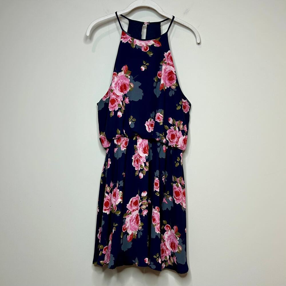 One Clothing Los Angeles Floral Print Sleeveless Dress Size L Blue Pink Roses
